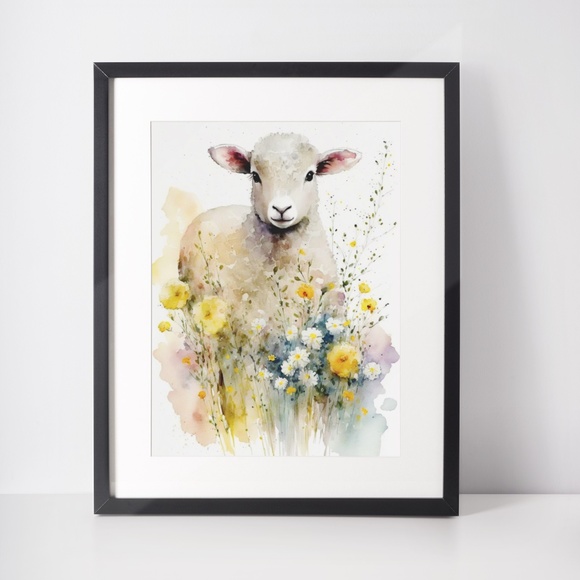 Watercolor Cute Floral Sheep Lamb Wall Art Illustration Print Poster Unframed - Picture 2 of 6
